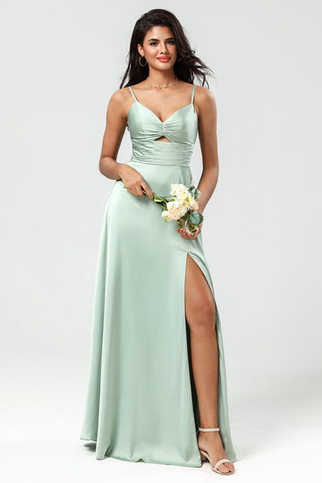 Green A Line Spaghetti Straps Keyhole Bridesmaid Dress with Slit
